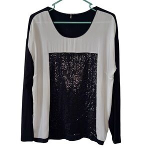 Yest Chic Black and White Sequin Long Sleeve Blouse